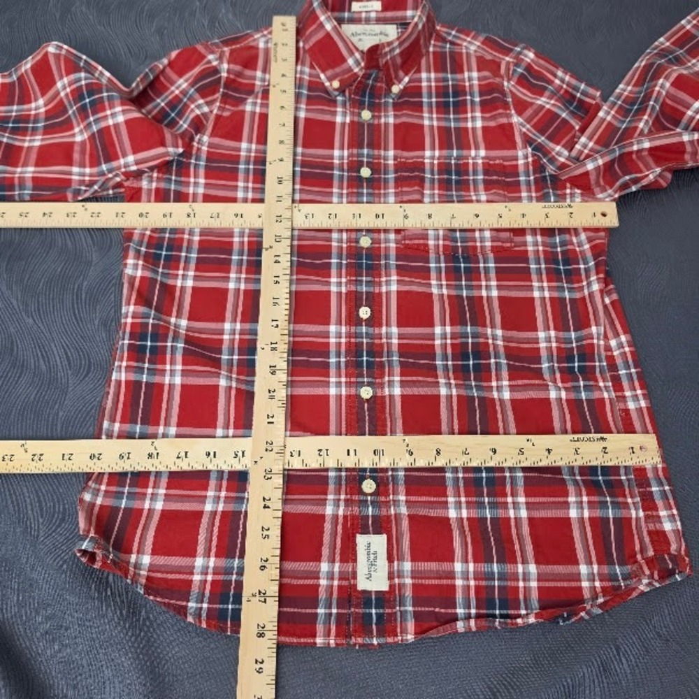 Abercombie and Fitch Mens Large Red Black Plaid Button Up Long Sleeve Muscle Fit - Picture 5 of 6